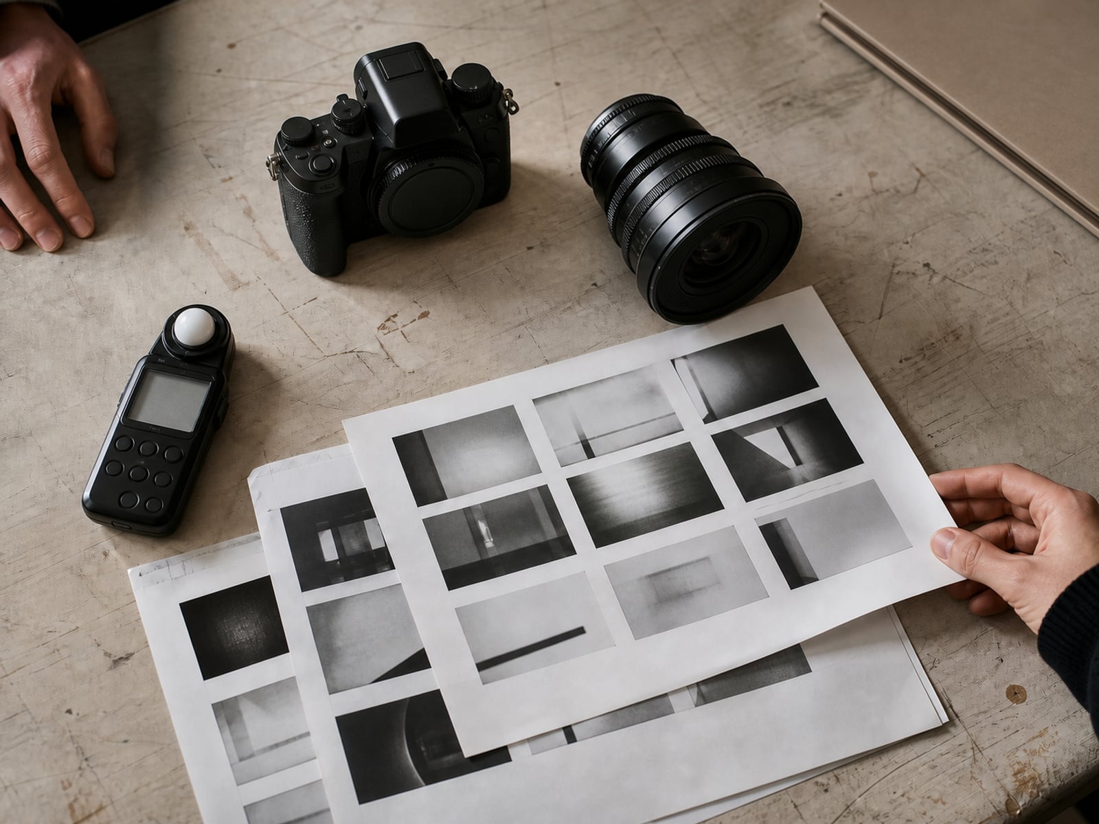 Cameras, lenses and photographic contact sheets on a shared worktable.