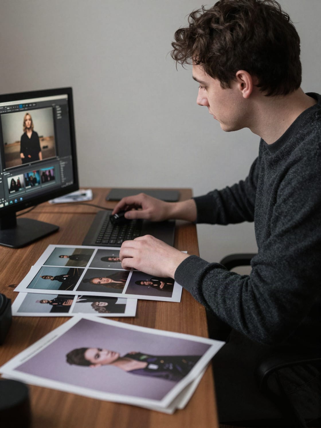 Editorial concept of a filmmaker editing a portrait series in a quiet studio.