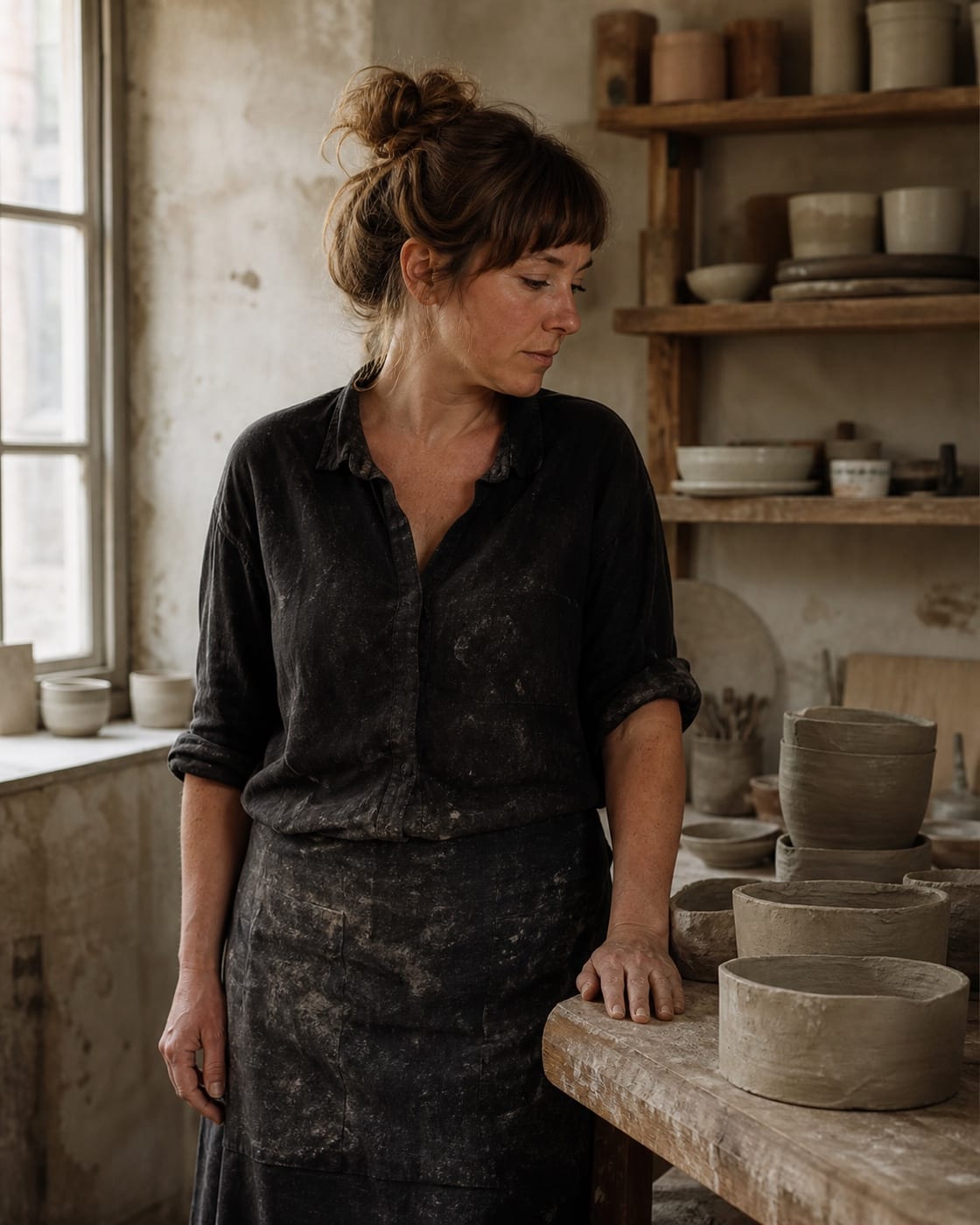 Editorial portrait concept of a ceramic artist in a workshop.